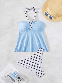 Women's Polka Dot Halter Tankini Set With Ruched Bust And Flowy Top - Màu xanh lam - Xem 5