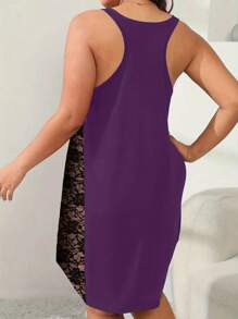 Vestido Camisola Casual Plus Size Feminino, Camisola Camisole com Decote Redondo e Recorte de Renda, Verão
