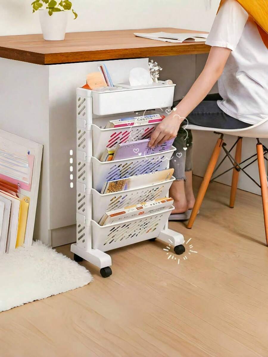 File And Book Cart With Buckle Design, Securely Pieced Together; Universal Wheel Design, Smooth Sliding, Suitable For Organizing Office Documents, Newspapers, Study Books, Etc - 白色 - 查看 1