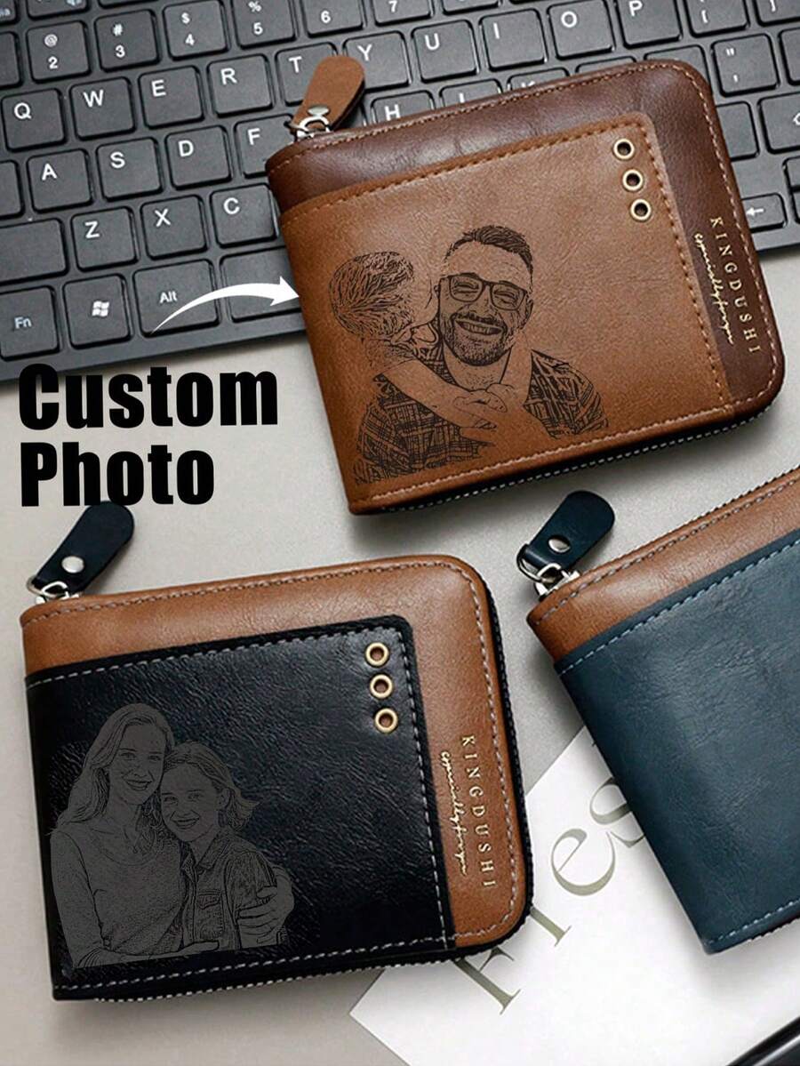 1pc Personalised Wallet Premium Quality Leather Men's Wallet, Father's Day Gift,Customized Photo &Name,Christmas Gifts For Husbands/DadsThanksgiving Gifts,Gift For Him |Anniversary, Groomsmen, Birthday, Graduation Gift, - Multicolor - View 1