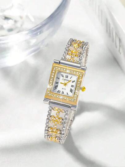 1pc Watch For Women. New Arrival. Women's Stylish Style Square Classic Special Chain With Rhinestone Design Luxury Golden/Silvery Watch Suitable For Party,Holiday,Birthday,The Best Gift Watch For Ladies