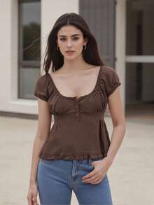 Women Y2K Fairy Grunge Crop Top Vintage Aesthetic Puff Short Sleeves Slim Babyboll Shirt Cute Coquette Top Clothes - 棕色 - 查看 1