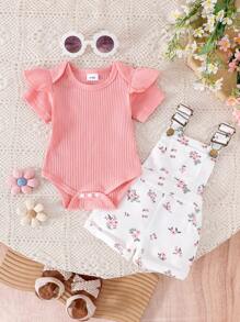 2pcs/Set Baby Girls Cute Short Sleeve Romper + Overalls Set, Lightweight Summer
