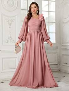 SUPGIR Váy phù dâu bằng vải voan trơn màu thanh lịch, cổ bất đối xứng, trang trí hoa, trang trọng, váy dự tiệc, váy dài, cho buổi tối, khách dự tiệc cưới - Bụi hồng - Xem 2