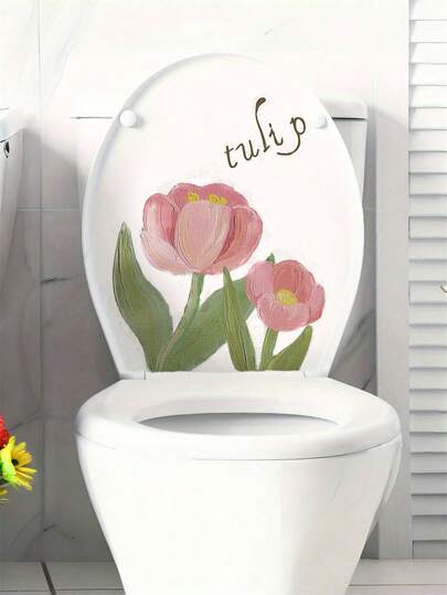 1pc Floral Pattern Bathroom Decor Toilet Stickers, PVC Self-Adhesive Toilet Lid Decals, Bathroom Wall Decor Stickers, Room Decor, Bedroom Decor, Bathroom Wall Art Stickers - 11.4*11.8in, Very Suitable For Mother's Day & Wedding Bathroom Decoration Stickers, Gifts Birthday Graduation, Spring Decoration Items Refresh Your Home