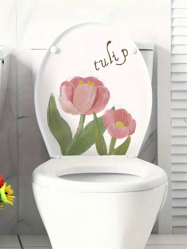 1pc Floral Pattern Bathroom Decor Toilet Stickers, PVC Self-Adhesive Toilet Lid Decals, Bathroom Wall Decor Stickers, Room Decor, Bedroom Decor, Bathroom Wall Art Stickers - 11.4*11.8in, Very Suitable For Mother's Day & Wedding Bathroom Decoration Stickers, Gifts Birthday Graduation, Spring Decoration Items Refresh Your Home