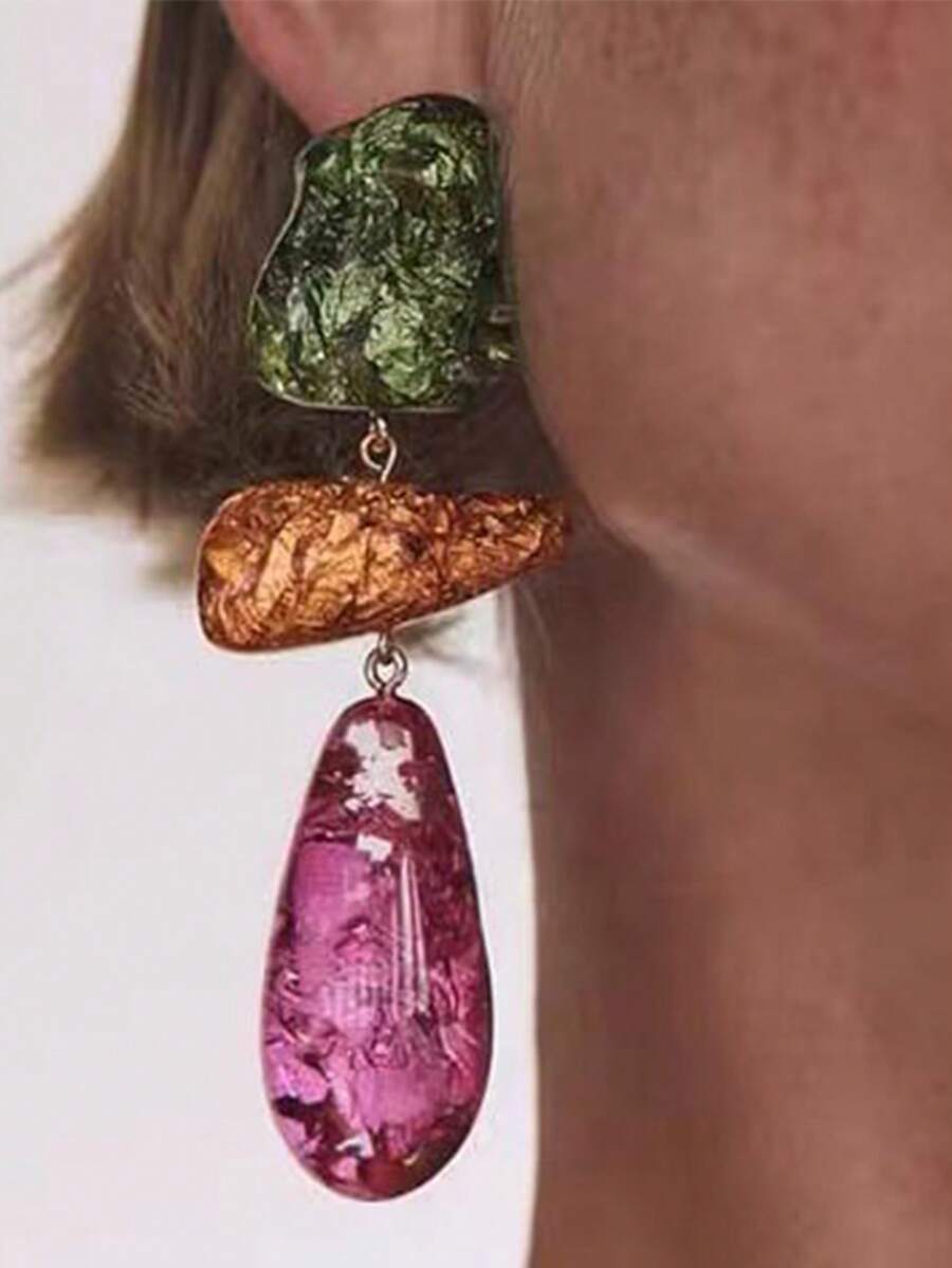 彩色树脂耳环 ZA 夸张复古 彩色树脂不对称几何拼接耳环 全部时尚简约 防宝石设计 阳光下也能闪耀