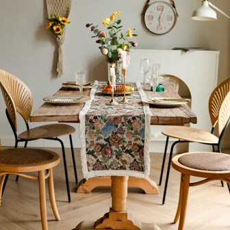 1 pièce Nappe de table à franges rondes et florales, Nappe de table jacquard épaisse, Tapis de table décoratif long pour salle à manger