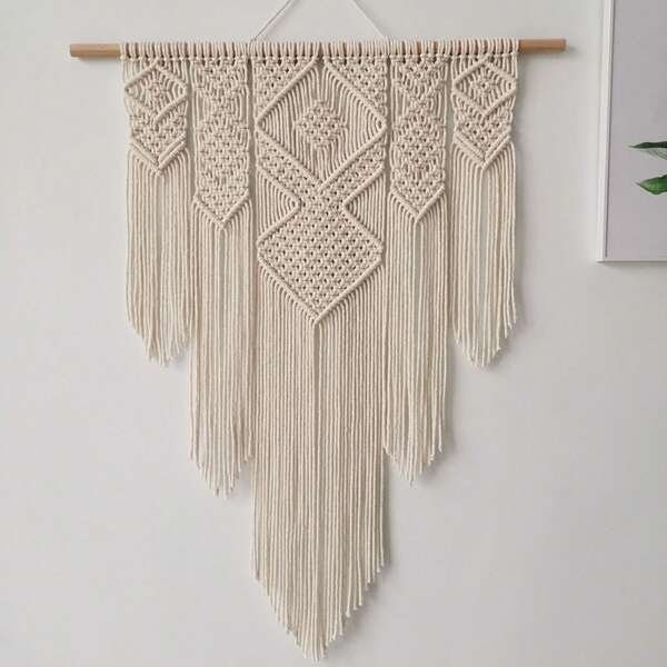 1 pieza Colgante de macramé, decoración de pared estilo bohemio, tapiz, telón de fondo colgante tejido a mano sencillo con flores y flecos de encaje