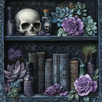 JOZYSH 1 Set Of 40x40cm/15.7x15.7-Inch DIY Cross Stitch Kit, Skull Bookshelf Printing Cross Stitch Kit, Random Thread Board Cross Stitch Material Kit, Living Room Entrance Bedroom Decoration, Home Decoration Art Gift