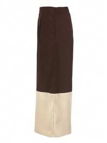 Pantalones de cintura regular con bolsillos y contraste de color para mujer, de tela de poliéster, lavables a máquina - Marrón - Ver 8