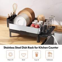 Dish Drainer Rack With Drip Tray, 304 Stainless Steel Large Dish Drying Rack For Kitchen Sink Of Big Family, Plate Draining Board Rack With Utensil Holder And Heightening Pads - Silver - View 6