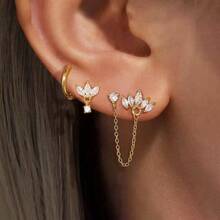 Set de 3 piezas de aretes de aro abrazador con flores de circonita chapadas en oro de 18K, aretes de cartílago Helix Daith de doble orificio con cadena, regalo de joyería para niñas - Flor3 - Ver 2