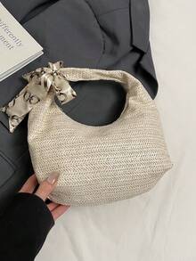 丝巾装饰草编托特包，时尚编织新月形单肩包，纯色休闲大号单肩托特包，百搭通勤包，法棍包 - 米色 - 查看 10