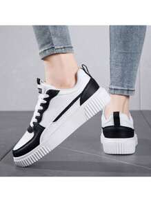 Unisex Sneakers, Versatile Lace Up Low Top Shoes For Outdoor Sports, Walking, Black & White, Plus Size