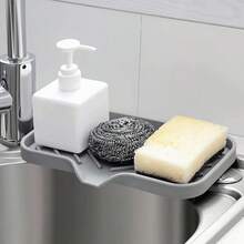 Sink Silicone Tray With Drain Soap Sponge Storage Holder Countertop Sink Scrubber Brush Soap Storage Rack Kitchen Organizer - Grey - View 2