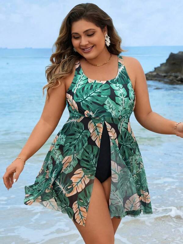 Plus Size Tropical Leaf Allover Print Bohemian Style Cover Up