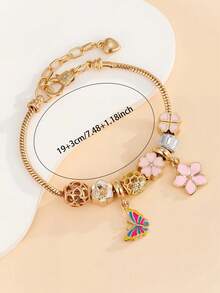1pc Colorful Butterfly Pendant, Pink Flower Eiffel Tower Charm Bracelet, Delicate Girl Bracelet - one-size - View 4