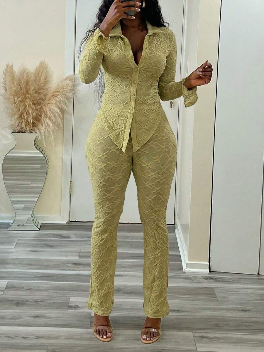 特色提花针织长袖上衣与紧身长裤套装 - 綠色 - 查看 1