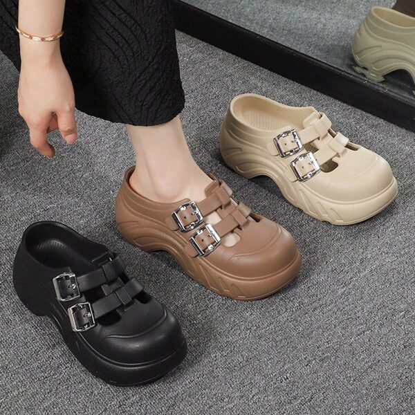 2025 New Arrivals Non-Slip Wedge Slide Sandals With Preppy School Style Buckle Closure