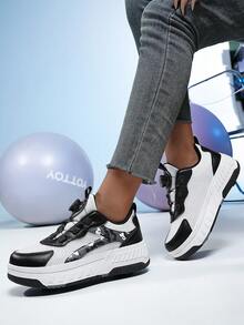 Spring/Summer Skateboard Shoes With 4 Wheels For Teenagers, Unisex, Adjustable Hook And Loop, Detachable Wheels, Sports Sneakers For Boys And Girls - Black and White - View 4