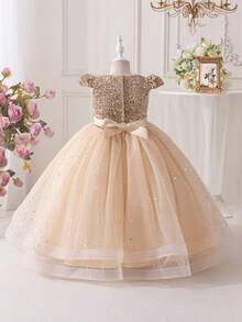 Tween Girl Sleeveless Sequined Bowknot Tulle Maxi Princess Dress, Bridesmaid & Party Gown For Teen & Youth - 金色 - 查看 3
