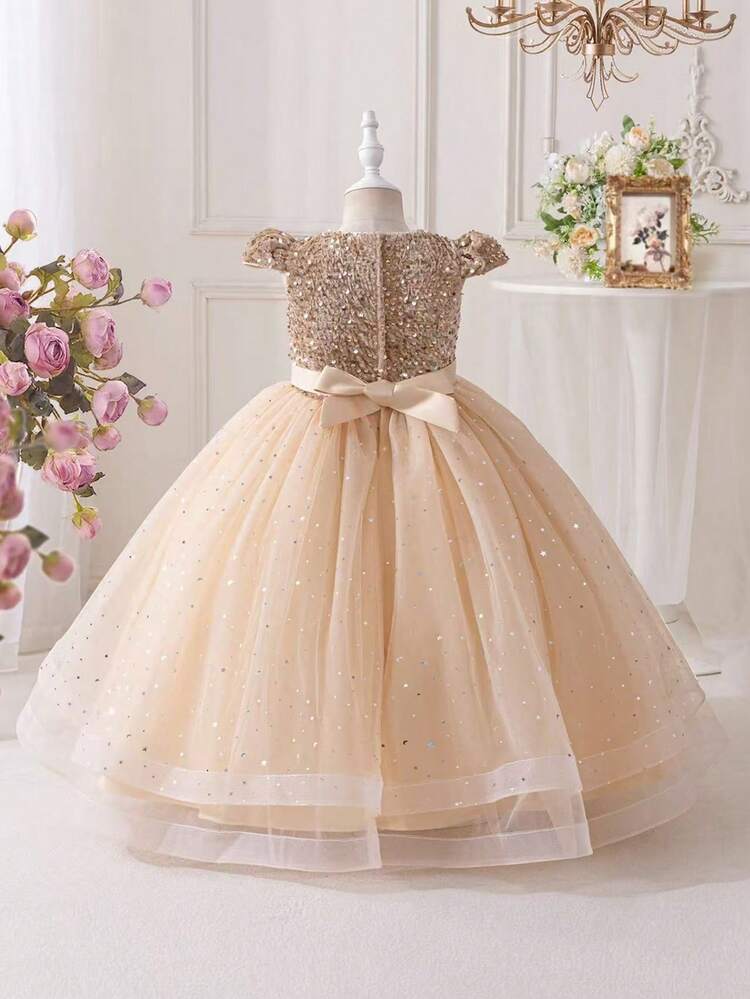 Vestido maxi de princesa sin mangas para niña preadolescente, con lentejuelas y lazo de tul, vestido de dama de honor y fiesta para adolescentes y jóvenes - Dorado - Añade 9
