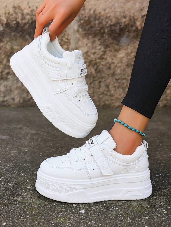 Frauen Plateau Keilsneaker, Studentinnen Freizeitschuhe, versteckter Absatz Schnüren & Klettverschluss Sporttrainer, rutschfeste, wasserdichte, weiße Schuhe mit hoher Sohle