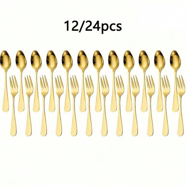 12/24pcs Stainless Steel Mini Appetizer Forks, Coffee Spoons Set, Gold Dessert Forks & Spoons, Mirror Polished, Salad, Dessert, Coffee, Cocktail Utensils, Suitable For Cafes, Gold,School Supplies