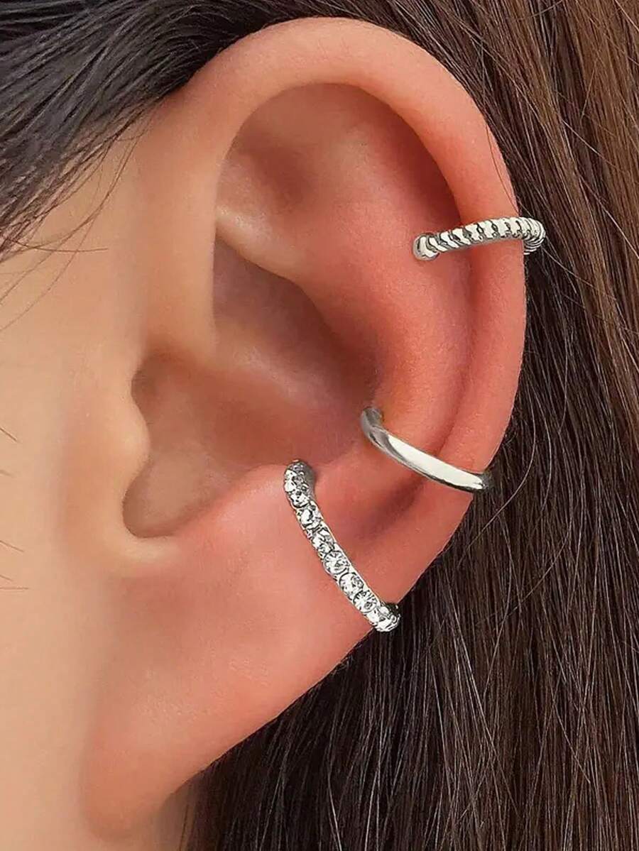 3 件套独特设计扭曲 U 型耳夹，镶嵌闪亮水晶，适合女士 - 銀色 - 查看 1