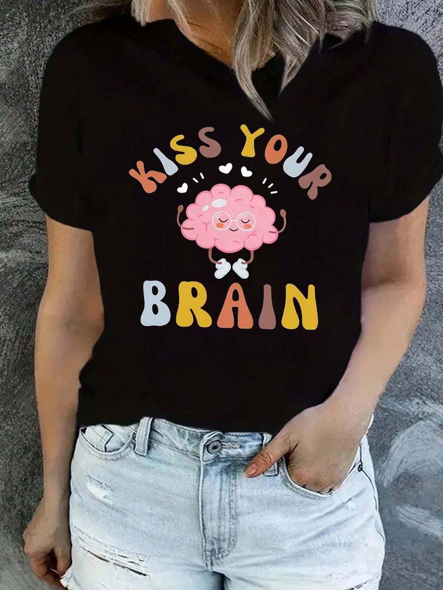 Funny Teacher Shirts For Women Kiss Your Brain Teacher T Shirt Special Education Teacher Life Tops Cute Graphic Tee-1 - 黑色 - 查看 1