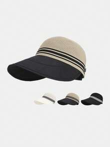 1pc Women's Large Brim Sun Hat, Breathable Hollow-Out Visor Bucket Hat, Ponytail Hole Design - Sun Hat - View 2