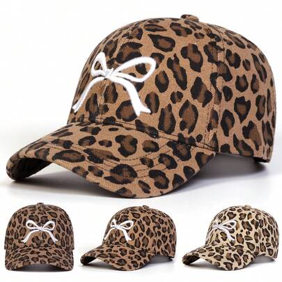 1pc Women's Bow & Leopard Print Embroidered Baseball Cap, Street Fashion Casual Hat For Spring/Autumn Outdoor, Travel, Beach