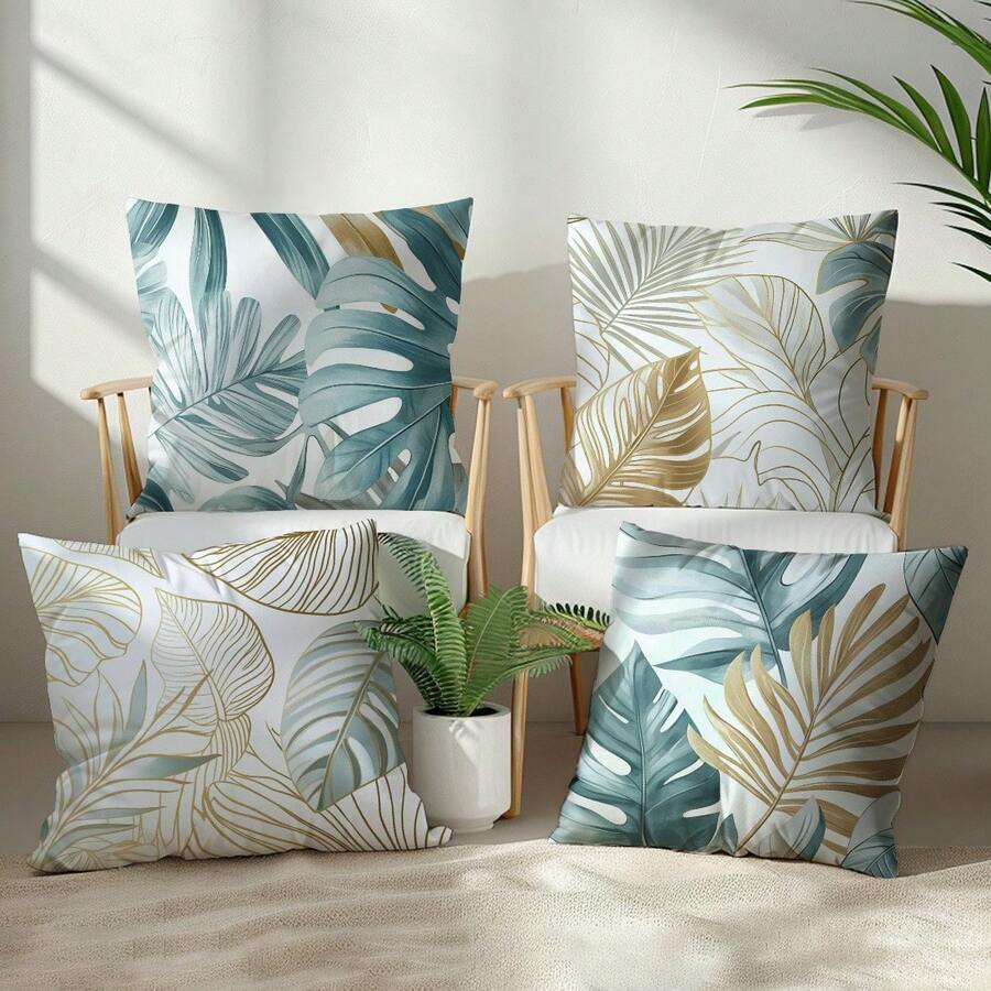 Bộ 4 vỏ gối họa tiết lá tối giản, vải nhung đào một mặt, vỏ gối 45*45/50*50/40*40CM thích hợp trang trí phòng, trang trí phòng khách sofa hiện đại, quà tặng, tiệc tùng - Nhiều màu - Xem 1