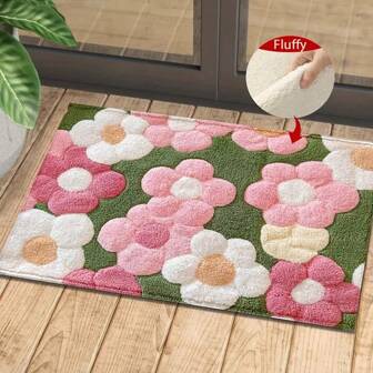 1 件鲜艳的 2D 花朵图案超细纤维浴室地毯，防滑超柔软浴室地毯，门垫，浴室吸水垫，可机洗，短绒，TPR 背衬，针织面料，适用于浴室、卧室、厨房、玄关、室内和室外使用，浴室配件和装饰，完美的新家居礼物