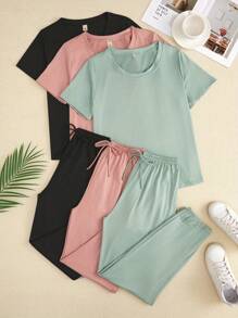 6pcs/Set Women Summer Short Sleeve Top & Pants Solid Color Casual Sleepwear Set Outfit