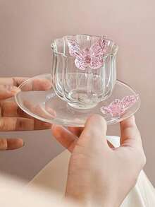 1 件粉色 3D 蝴蝶玻璃杯碟，少女蝴蝶下午茶甜品玻璃杯碟，Ins 风格咖啡拿铁玻璃杯碟套装，适用于甜品店、咖啡馆、餐厅、客厅 - 彩色 - 查看 9
