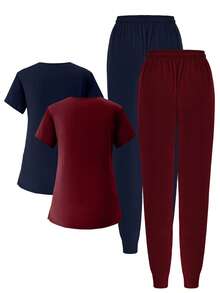 (Four-Piece Set) Scrubs Uniform Women's Running Matte Elastic Sports Nurse  Uniform Wash Clothes Work Clothes Breathable Scrub Shirt - 酒紅色 - 查看 2