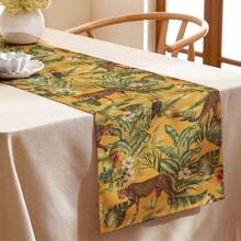 1pc Green Plant & Leopard Printed Table Runner, Suitable For Festivals, Parties, Birthdays, Dinners, Kitchen, Dining Room, Room Decor, Home Textile Decoration, All Seasons