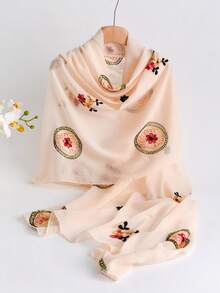 1pc Women's Elegant Floral Embroidered Linen Long Scarf, Versatile Solid Color Embroidered Shawl, Windproof & Sunblock Scarf Wrap For Dress - Multicolor - View 14