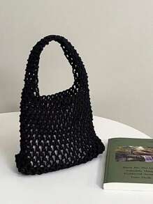 1pc Bohemian Style Woven Tote Bag, Striped Woven Handbag, Beach Bag, Casual Versatile Hollow Woven Handbag, Beach Bag