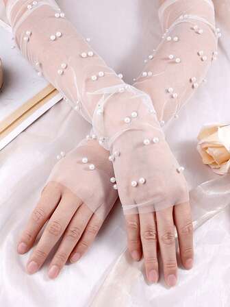 白色蕾丝薄纱珍珠新娘手套，适合女孩，适合派对、节日