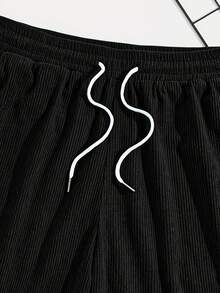 Trending Men's Beach Sports Casual Corduroy Shorts, Slant Pockets, Drawstring, Contrast Color, Ribbed Hem, Simple And Elegant Design, Sports Silhouette, Suitable For Daily Casual, Sports, Commuting, Outing, Summer New Essential Shorts - Black - View 5