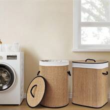 سلة غسيل كبيرة السعة قابلة للطي من البامبو مع غطاء ومقبض، تخزين موفر للمساحة للحمام وغرفة الغسيل والنوم - بني - مشاهدة 8