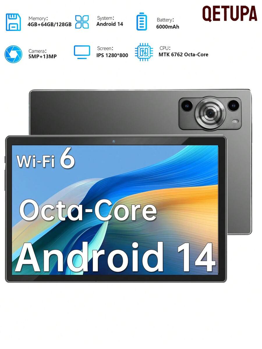 Qetupa 10.1 Inch Y02 Android 14 Tablet,4RAM+64GB/128GB ROM,MTK 6762 Octa-Core 2.0GHZ Processor,HD(1280x800) IPS Touch Screen,BT 5.4&802.11ax WiFi 6,5MP Front Camera&13MP Rear Camera,6000mAh Large Battery,No Support SIM Card