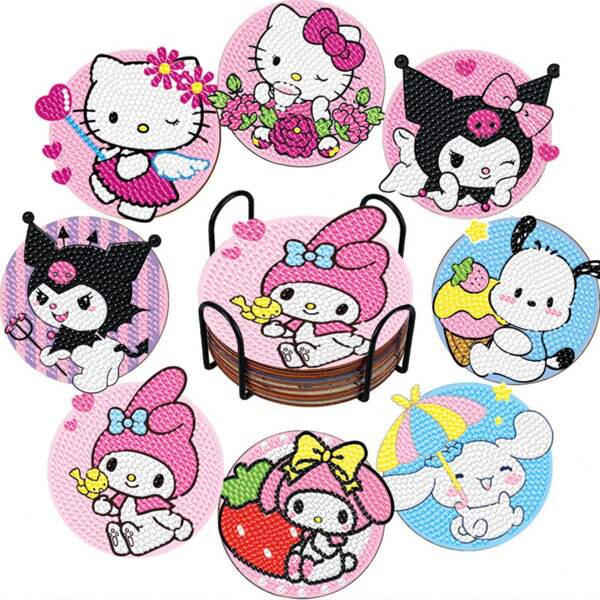 Sanrio 8PCS Sanrio Diamond Art Drawing Cup Mat Kit, DIY Cartoon Pattern Design, Diamond Art Mosaic Beverage Cup Mat, Table Mat, Non Slip Cup Mat, Christmas Party Decoration, Handmade Gift