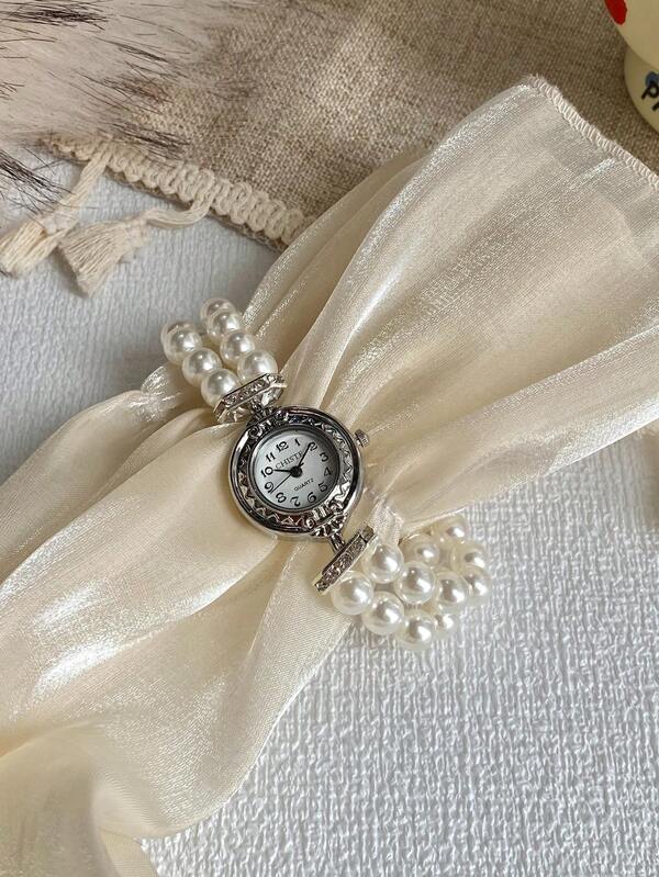 1 pieza Reloj pulsera de mujer con cuentas de moda, reloj de cuarzo con esfera redonda y estilo adorable