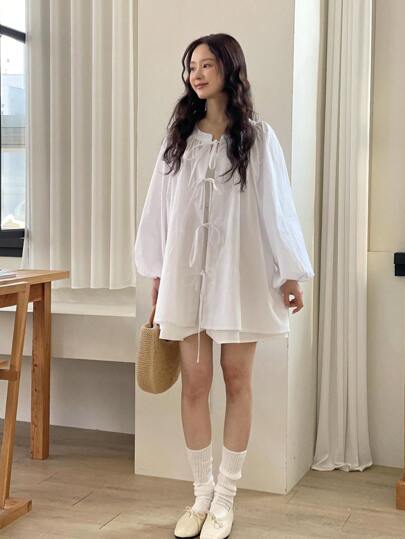 Damen Oversized Bluse mit weißer Schleifenkragen und Schleifenriemen, Herbstmode Landhausstil Oberteil