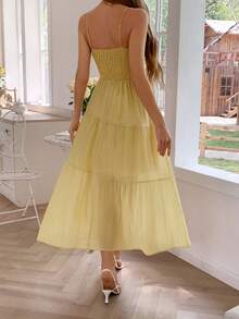 PoPoHouse Damen langes Kleid Sommer Boho Urlaubskleid Festival elegant Trägerkleid - Gelb - Übersicht 2