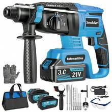 Seokiwi Martillo Inalámbrico,2600W Taladro Rotomartillo SDS-PLUS Inalámbrico,Herramienta Eléctrica Multiusos 4 en 1 con 2 Baterías de 3.0 Ah, Rotomartillo Cincelador y Bolsa de Almacenamiento. - Azul - Ver 1